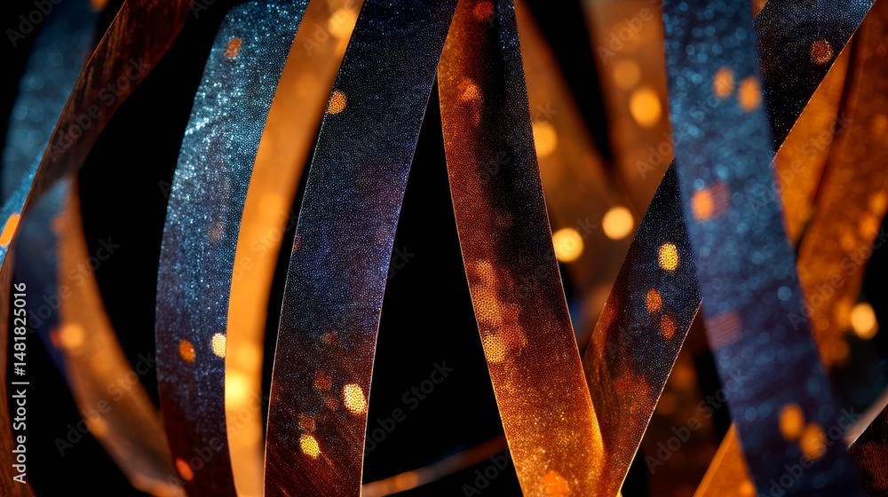 Poster Deep cobalt and metallic gold ribbons flow in a diagonal arrangement, creating a luxurious sense of motion and light on a dark backdrop. The scene evokes elegance