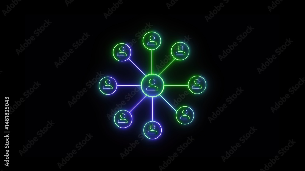 Poster neon illustration of a network structure depicting connection and communication within a group of in