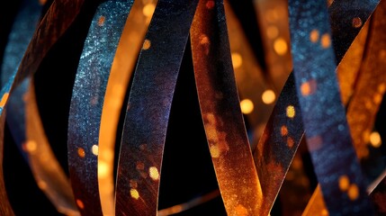 Deep cobalt and metallic gold ribbons flow in a diagonal arrangement, creating a luxurious sense of motion and light on a dark backdrop. The scene evokes elegance