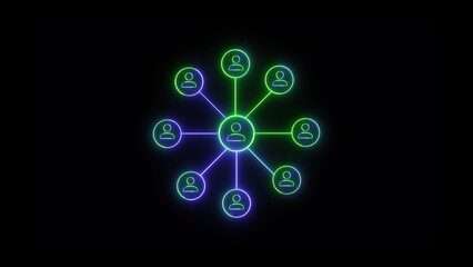 Neon illustration of a network structure depicting connection and communication within a group of individuals with a central hub