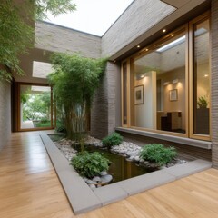 Fototapeta premium An elegant Kyoto-style house features a leeyongjay rainwater harvesting system with a beautiful courtyard pond and natural architectural design elements.