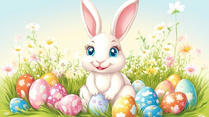 Obraz premium Smiling white rabbit surrounded by colorful Easter eggs and flowers.