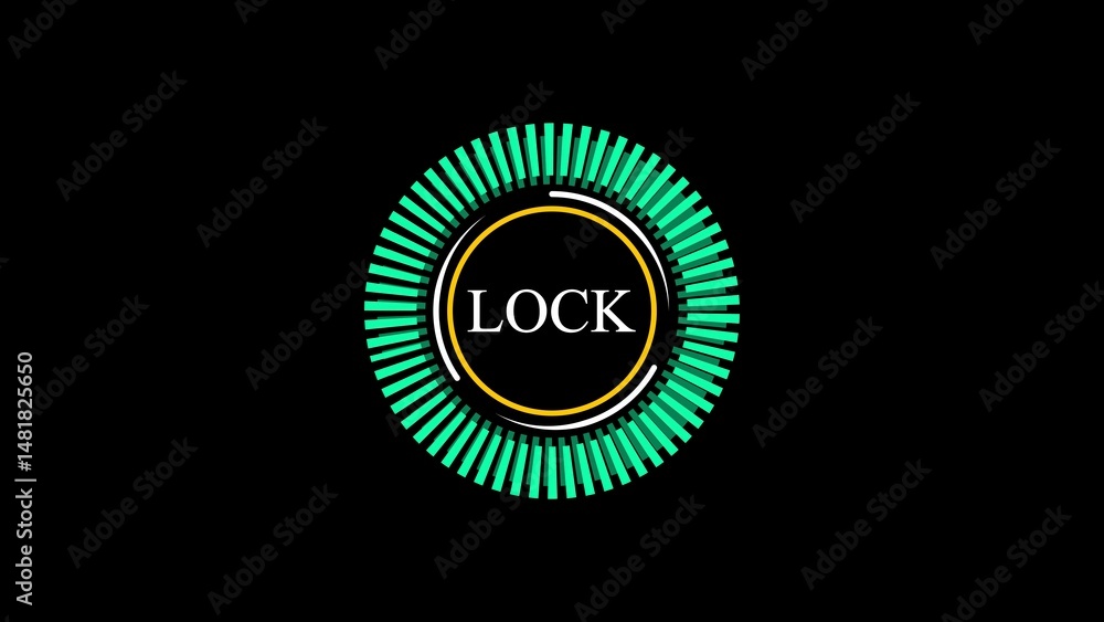 Poster digital lock icon graphic with radial elements and the word lock security concept on black backgroun