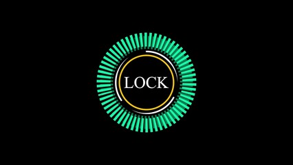 Digital lock icon graphic with radial elements and the word lock security concept on black background