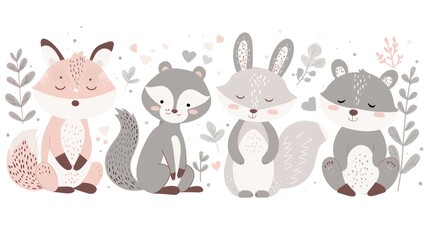 Obraz premium Cartoon-styled fox, raccoon, rabbit, and bear with foliage and heart decorations