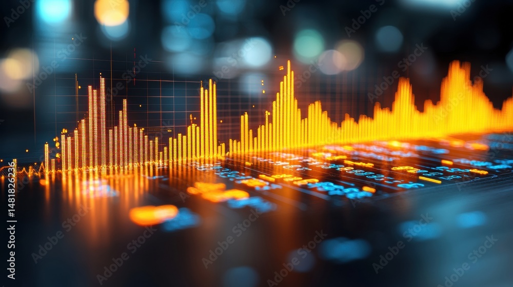 Poster vibrant data visualization with digital graphs and waveforms exhibiting growth trends and financial 
