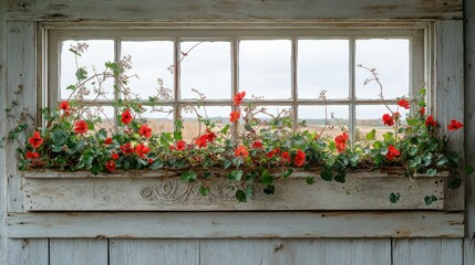 Fototapeta premium Rustic window box with vibrant flowers