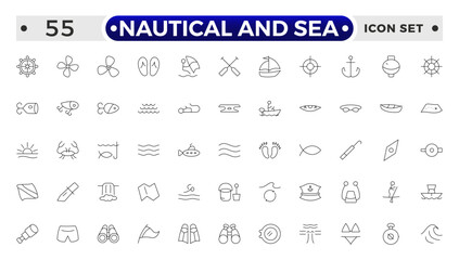 Nautical and sea web icons in outline style. thin line icons such as wind rose, oars, suroard, marine, double bait, buoy, submarine facing right, caravel, Smeaton's tower, old galleon.