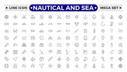Nautical and sea web icons in outline style. thin line icons such as wind rose, oars, suroard, marine, double bait, buoy, submarine facing right, caravel, smeaton's tower, old galleon.