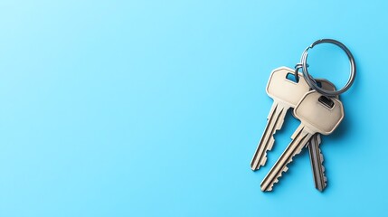 A light-blue background displays several house keys arranged in an isolated composition.
