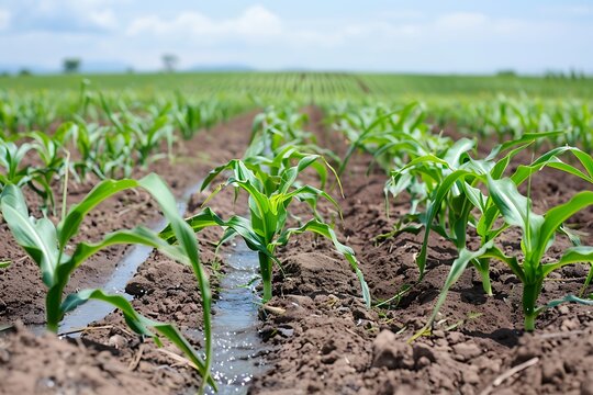 Lush young corn plants thriving under irrigation in a vibrant field bright sunlight and rich soil