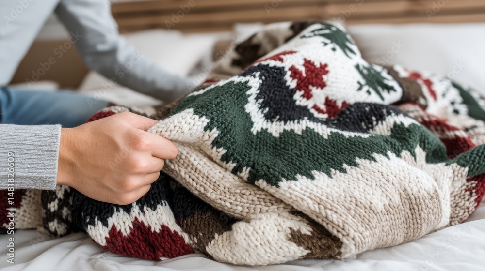 Aufkleber A hand gently touches a hand-knitted blanket with rich textures and colors, emphasizing detailed patterns illuminated by inviting natural light