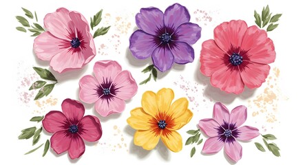 Illustrative Floral Arrangement Colorful Flowers with Greenery Isolated on White