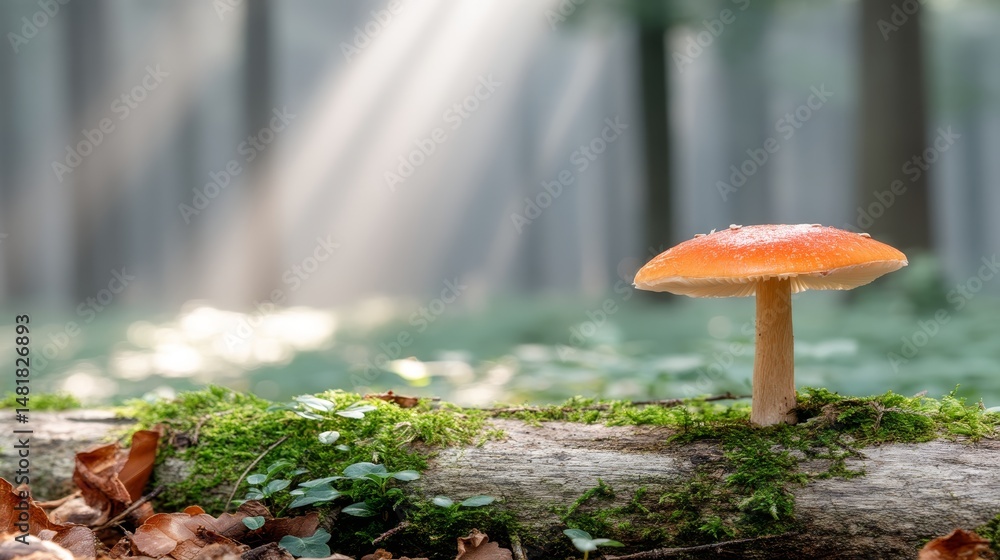 Poster A vibrant red mushroom rises from a mossy log, bathed in sunlight filtering through the thick trees of the forest, creating a serene and enchanting atmosphere