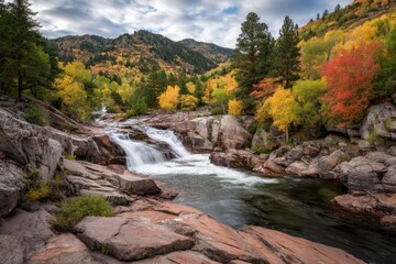 Autumn Serenity Waterfall Cascading Through Colorful Mountain Landscape