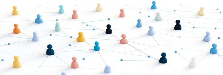 Connected pastel figures isometric social network illustration dots and lines represents communication and modern technology clean background 