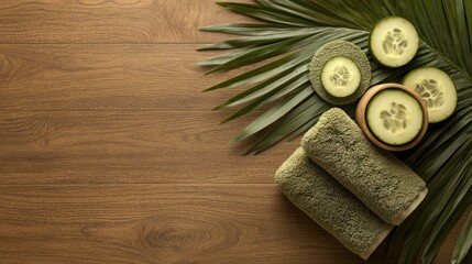 Spa Day Relaxation: Cucumber Slices, Towels, and Palm Leaf on Wooden Background