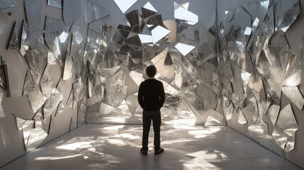 Man standing before a reflective mosaic wall, introspective art installation