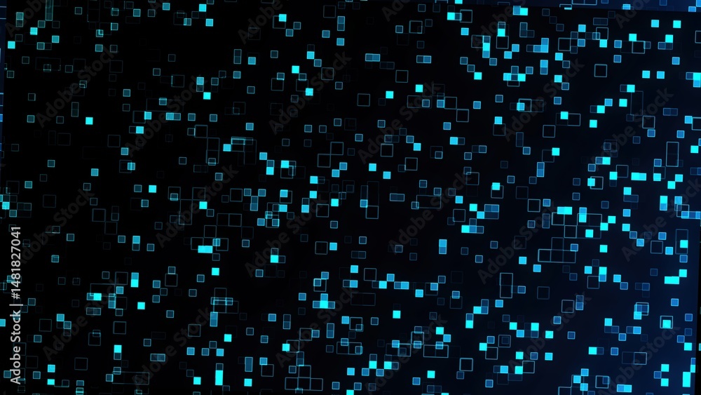 Poster abstract digital data flow with glowing blue squares forming a network visualization on a dark backg