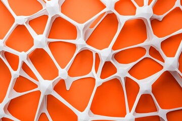 A white paper cutout of interconnected shapes on an orange background, with cut-out shapes connected to each other in the shape of nodes and edges forming intricate connections