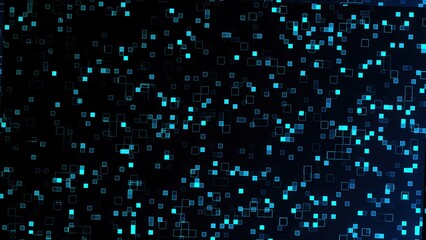 Abstract digital data flow with glowing blue squares forming a network visualization on a dark background modern tech design