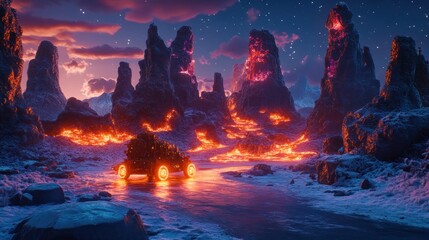 Lava Flowing Through a Frozen Alien Landscape: A Futuristic Vehicle's Journey