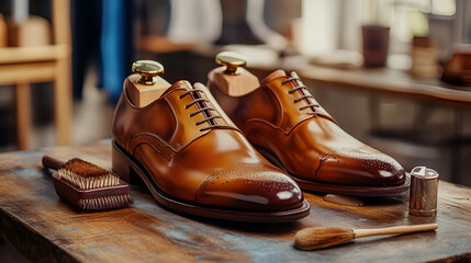 Polish cream and brushes for shoes cleaning  on a wooden table ai generative