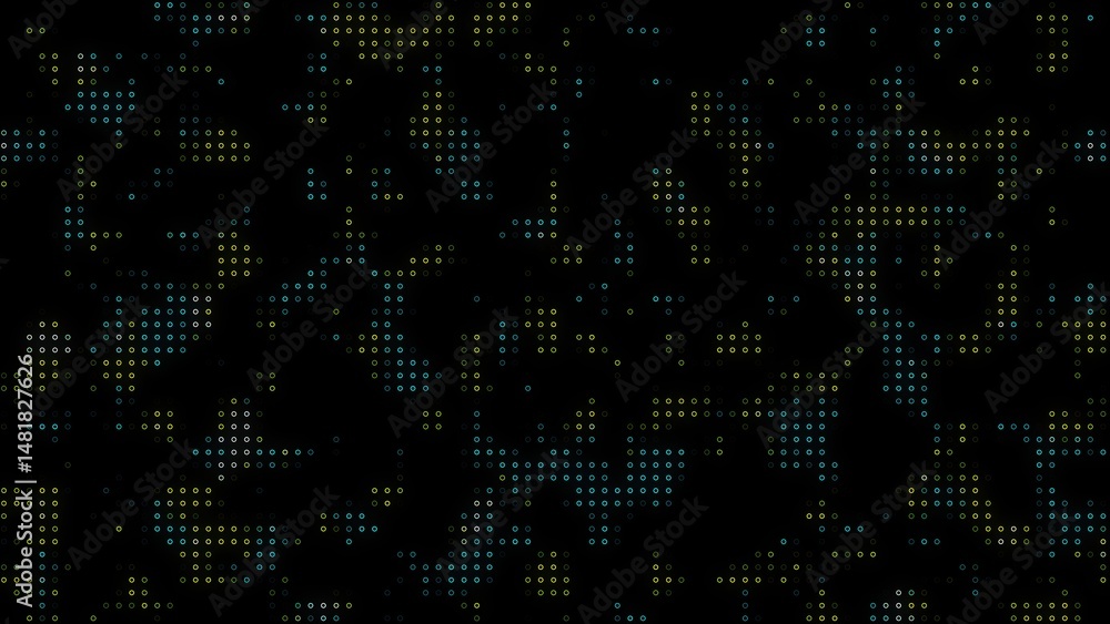 Poster abstract digital design featuring scattered circles in shades of blue and yellow against a dark back