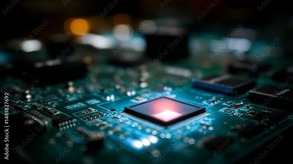 Poster Close-up of a circuit board with a prominently lit GPU surrounded by intricate pathways and capacitors showcases the complexity of electronic technology