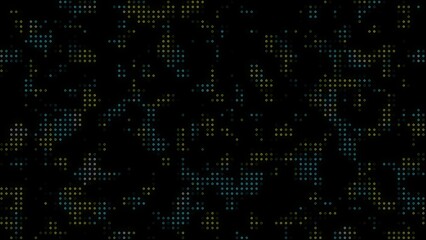 Abstract digital design featuring scattered circles in shades of blue and yellow against a dark background composed of multiple shapes creating a unique and interesting visual effect.