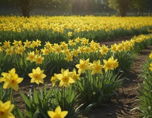 Obraz premium Sunlit daffodils burst forth in vibrant yellow against a lush green field , field, spring, bright yellow