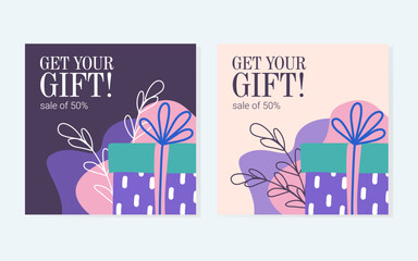 Colorful abstract background with gift box illustration. Ideal for social media posts and banners