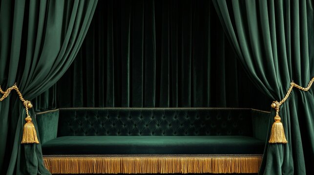 Elegant dark green velvet booth with golden tassels and draped curtains creating a luxurious vintage background 