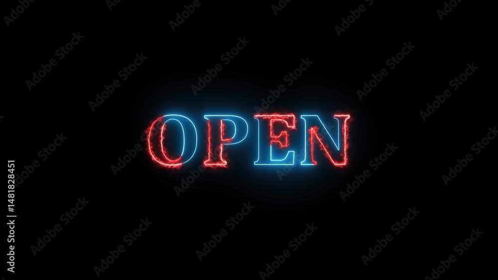 Poster glowing neon open sign illuminated with red and blue light displaying vibrant text on a black backgr