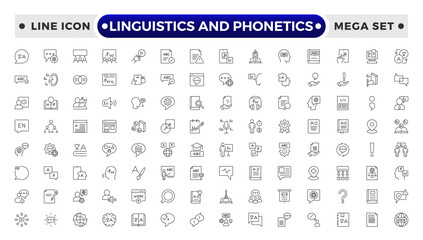 linguistics and phonetics outline icon set with language, phonetic, phonology, morphology, syntax, semantic, pragmatic, cognitive, grammar, neural linguistic, computational, parsing, and descriptive. © artshuvo