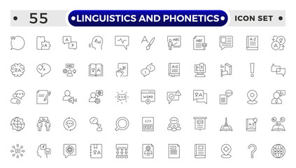 linguistics and phonetics outline icon set with language, phonetic, phonology, morphology, syntax, semantic, pragmatic, cognitive, grammar, neural linguistic, computational, parsing, and descriptive.