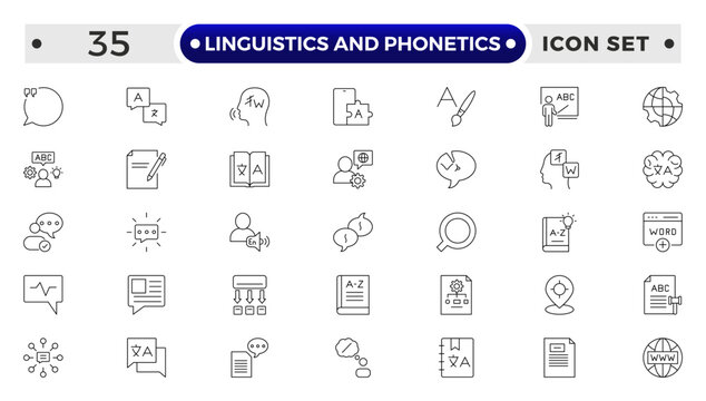 linguistics and phonetics outline icon set with language, phonetic, phonology, morphology, syntax, semantic, pragmatic, cognitive, grammar, neural linguistic, computational, parsing, and descriptive.