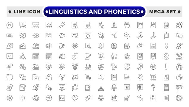linguistics and phonetics outline icon set with language, phonetic, phonology, morphology, syntax, semantic, pragmatic, cognitive, grammar, neural linguistic, computational, parsing, and descriptive.
