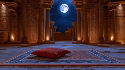 Serene Night at Ancient Temple: Moonlit Courtyard with Cushion