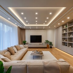 Fototapeta premium Modern Living Room with Recessed Lighting and Minimalist Decor