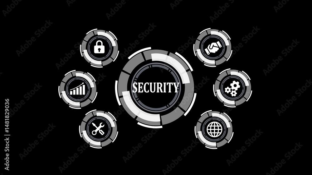 Poster conceptual illustration representing digital security network and data protection solutions with mod