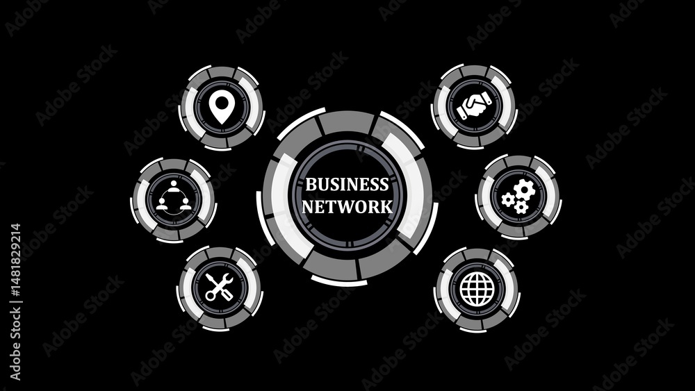 Poster abstract business network graphic depicting global connection and collaboration utilizing digital te