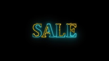Neon sale text illustration in blue and yellow glowing letters with animated edge effects on a solid black background for promotional purposes