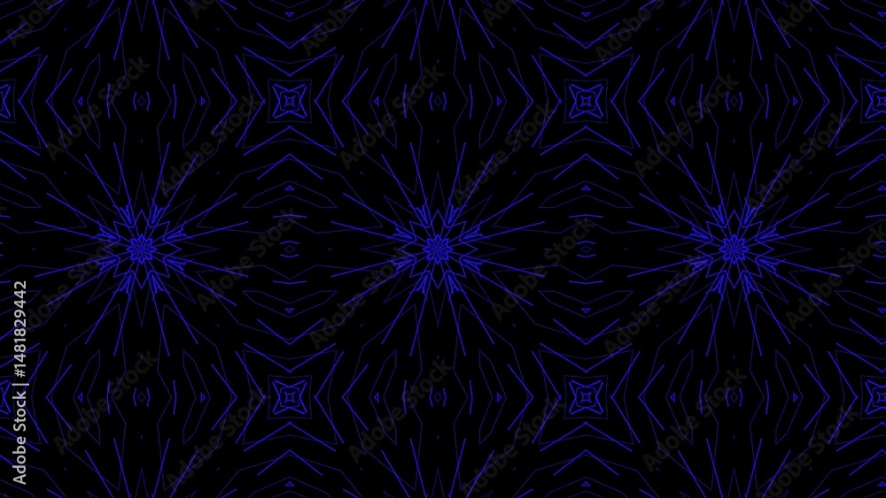 Poster geometric kaleidoscope pattern design with symmetrical floral and star like structures in a repeatin