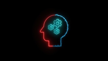 Glowing neon silhouette of a head with gears illustrating thinking and problem solving concepts on a black background
