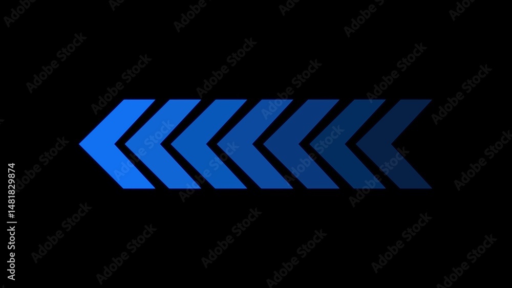 Poster blue chevron arrows pointing left on black background representing directional guidance and progress