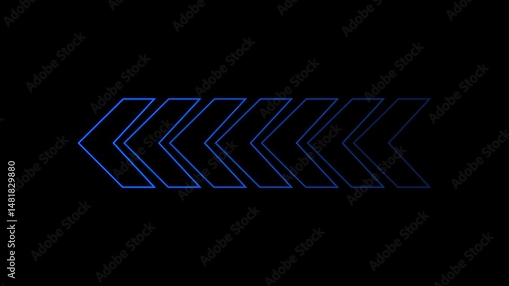 Poster directional arrow design in blue neon effect arranged in a repeating pattern on a black backdrop sui