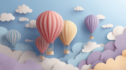 Obraz premium Colorful hot air balloons floating in a pastel sky filled with paper clouds