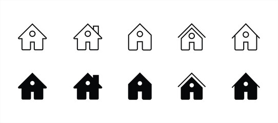 Collection of web home icons for websites and apps. Simple house symbol. Home page pictogram in thin line, outline and stroke style. Isolated illustration