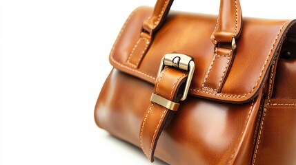 A luxurious, brown leather handbag is prominently displayed against a stark white background.